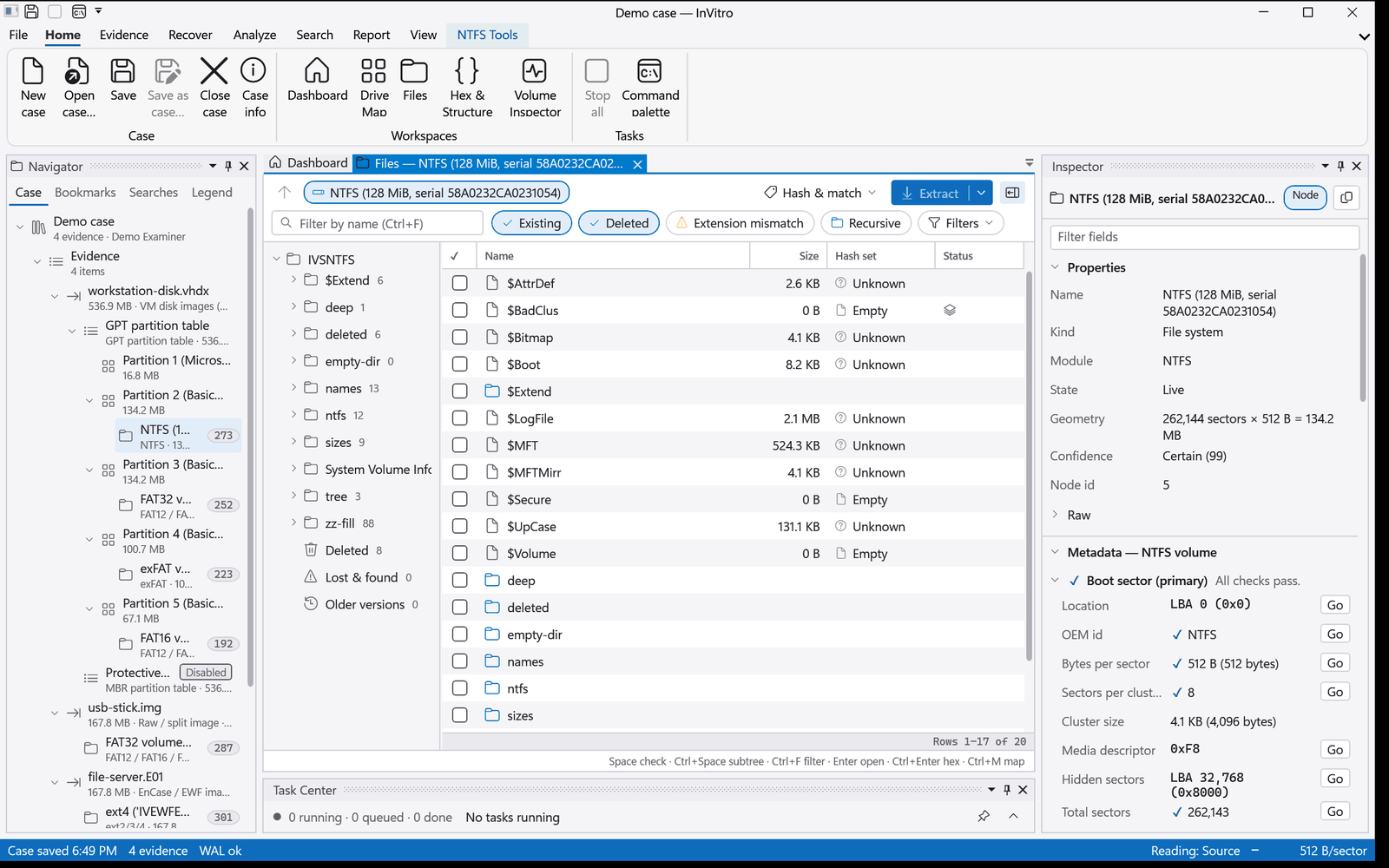 The case tree with a VHDX disk image expanded into its GPT partition table, NTFS, FAT32, exFAT and FAT16 volumes, next to the file browser and the Inspector