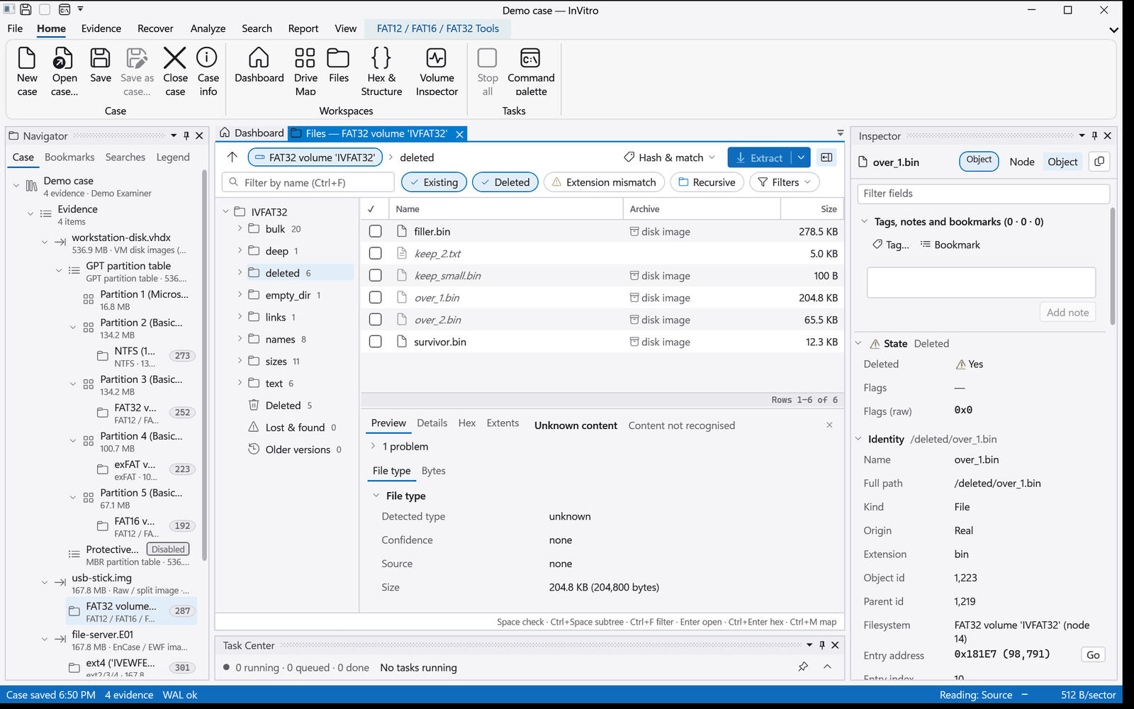 The file browser showing a deleted folder with deleted files in italics and the Inspector marking the selected file as deleted