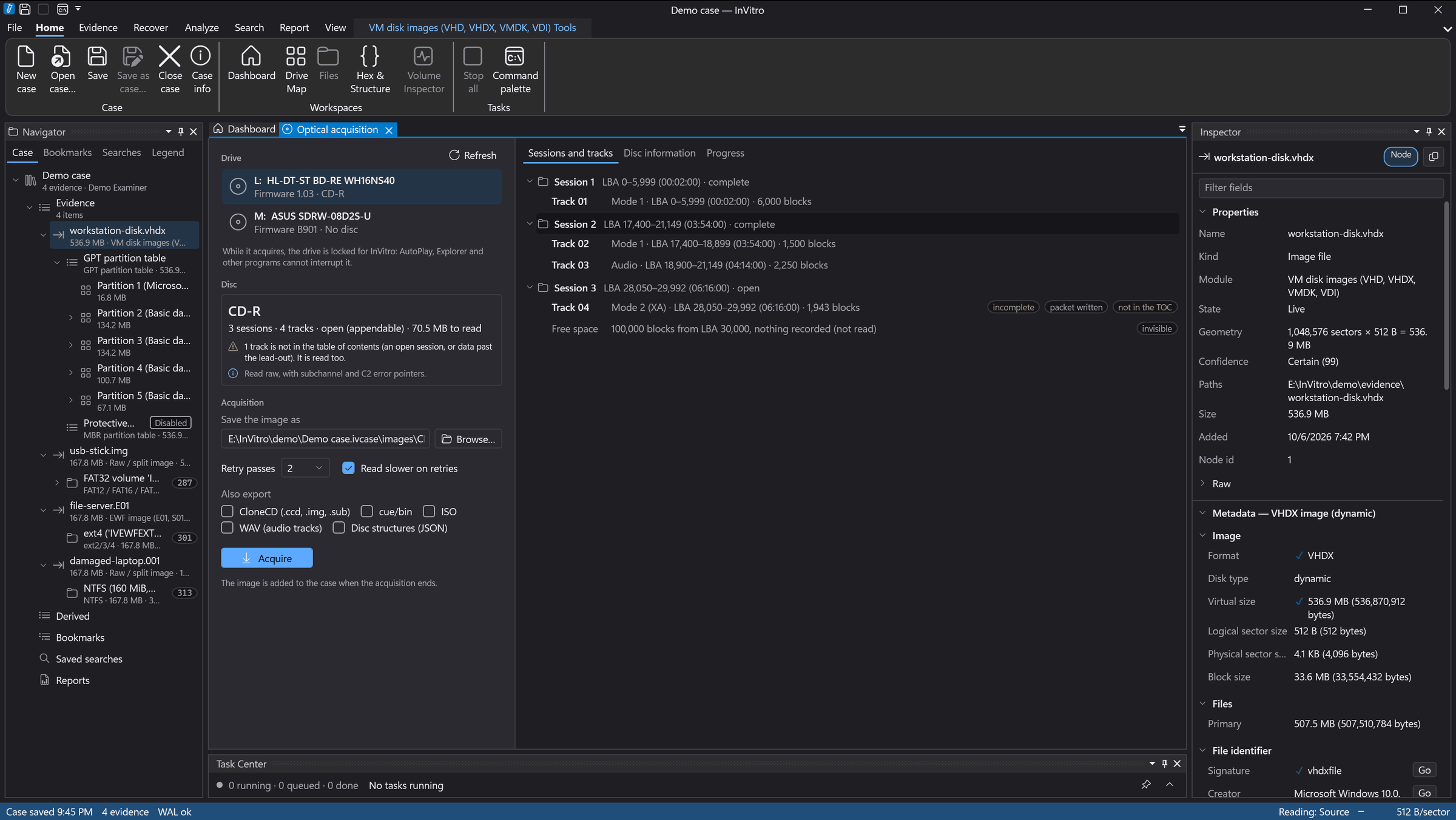 Optical acquisition of a three-session CD-R on a simulated drive, with sessions, tracks, retry passes and export formats