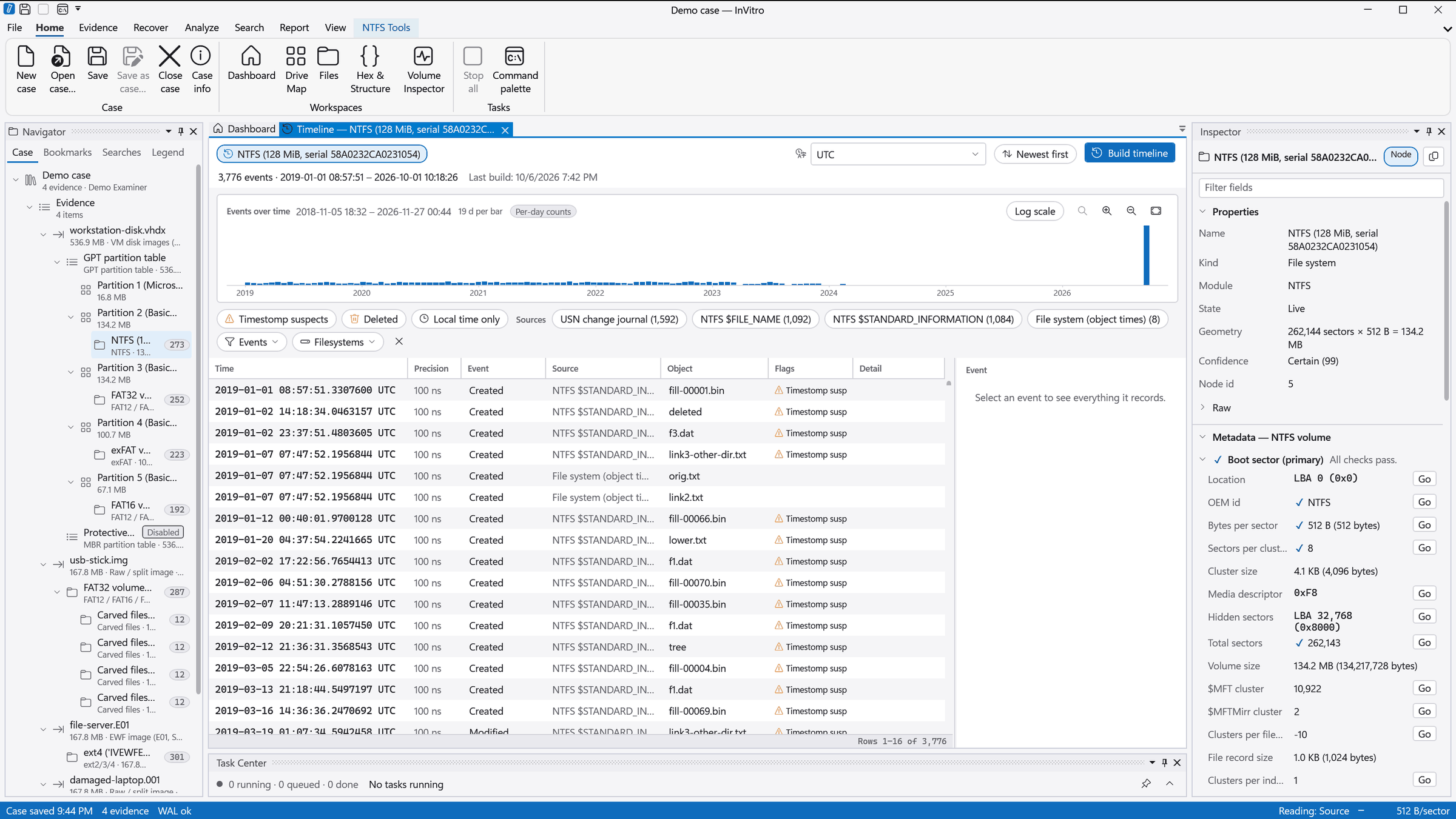 The Timeline workspace: a histogram of 3,776 events, filters by source and an event list with 100 ns precision